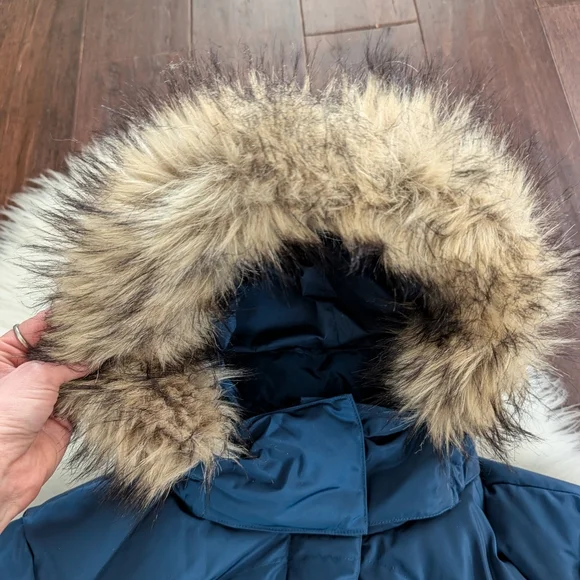 Lands' End Navy Blue Tie Waist Midi Puffer Coat Faux Fur LT Large Tall 14-16 - Picture 7 of 11